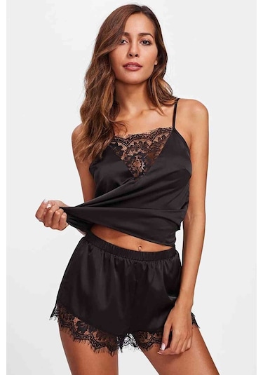 Merry See Dantel İşlemeli saten Şortlu Pijama Takım Siyah