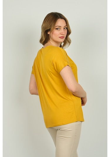 Ella Camelia Kadın Fermuarlı Kısa Kol Bluz 20e038 Hardal