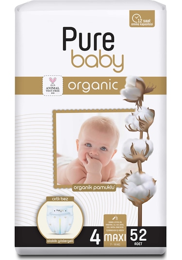 Pure Baby Organik Pamuklu Cırtlı Bez 4 Numara Maxi 52 Adet