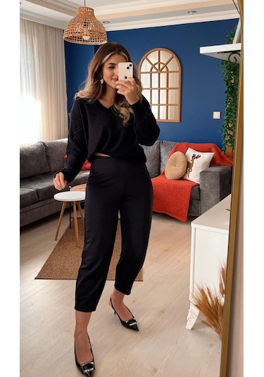 Modasize Kadın Krep Kumaş Balon Pantolon Siyah