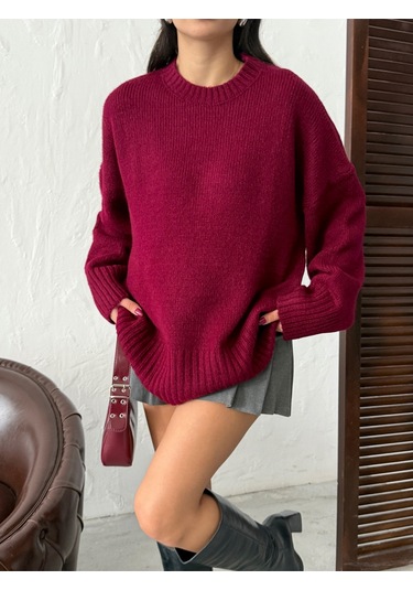 Kadın Yumuşak Dokulu Bisiklet Yaka Oversize Basic Triko Kazak Bordo