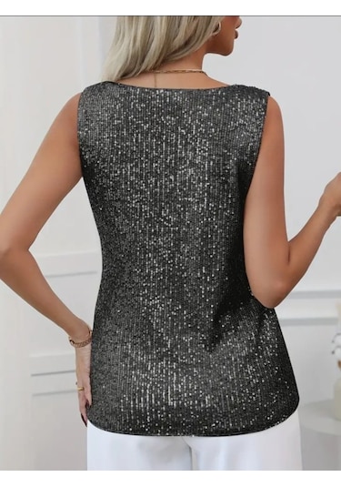 Simala Pul Payetli Sıfır Kol Bluz -siyah Siyah
