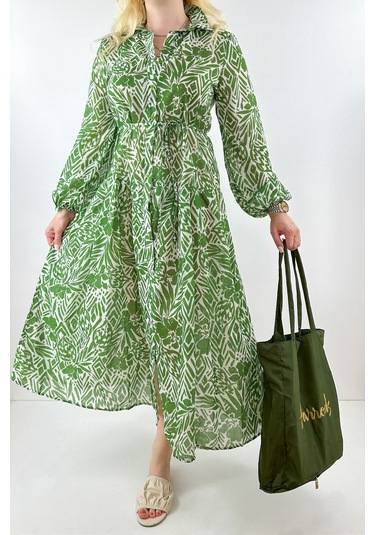 Modaonna Yeşil Çiçek Desenli Pamuklu Maxi Elbise Yeşil