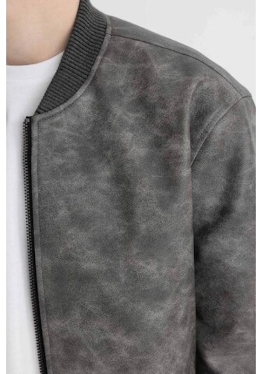 Defacto Slim Fit Dar Kesim Kolej Yaka Fermuarlı Cepli Astarlı Mevsimlik Hafif İnce Suni Deri Mont Ceket C6971AX24AUAR167 Antrasit