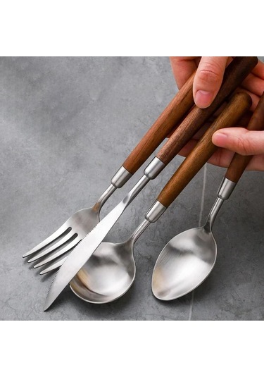 Teltree 304 Paslanmaz Çelik 4'lü Beste: Doğal Ceviz Saplı Yemeklik Takımı Ceviz