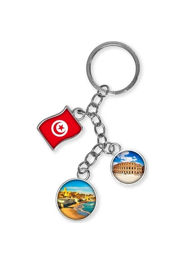 Tunus Üçlü Epoksi Metal Çift Taraflı Damla Anahtarlık Tunisia Gümüş