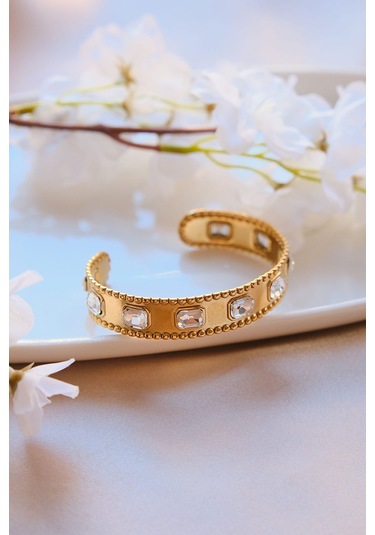 Gold Vintage Baget Zirkon Taşlı Çelik Kelepçe Bileklik Gold