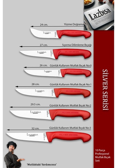 Lazbisa MFP-001 Silver Pro Serisi Mutfak Bıçak Seti 10 Parça Et Ekmek Sebze Soğan Börek Bıçağı Satırı Kırmızı