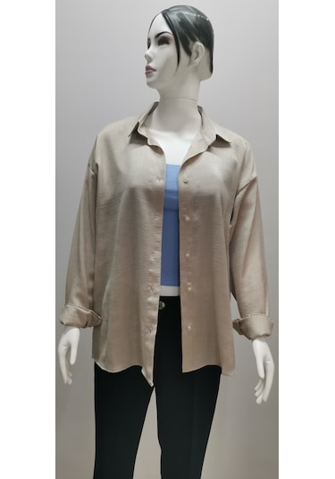 Kadın Uzun Kollu Salaş Parlak Simli Kumaş Pamuk Gömlek Bej