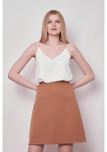 Yüksek Bel Hafif Likralı Kumaş Diz Boy Çan Etek-camel CAMEL