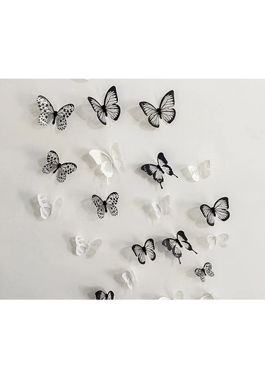 Else Nippon 18 Adet 3d Duvar Sticker Çift Kanatlı Kelebek Pvc Wal Beyaz - Siyah