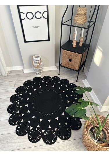 Natura El Dokuma Jüt Bohem Tarz Otantik Salon Oturma Odası Koridor Natural Halı Pamuklu Halı Siyah
