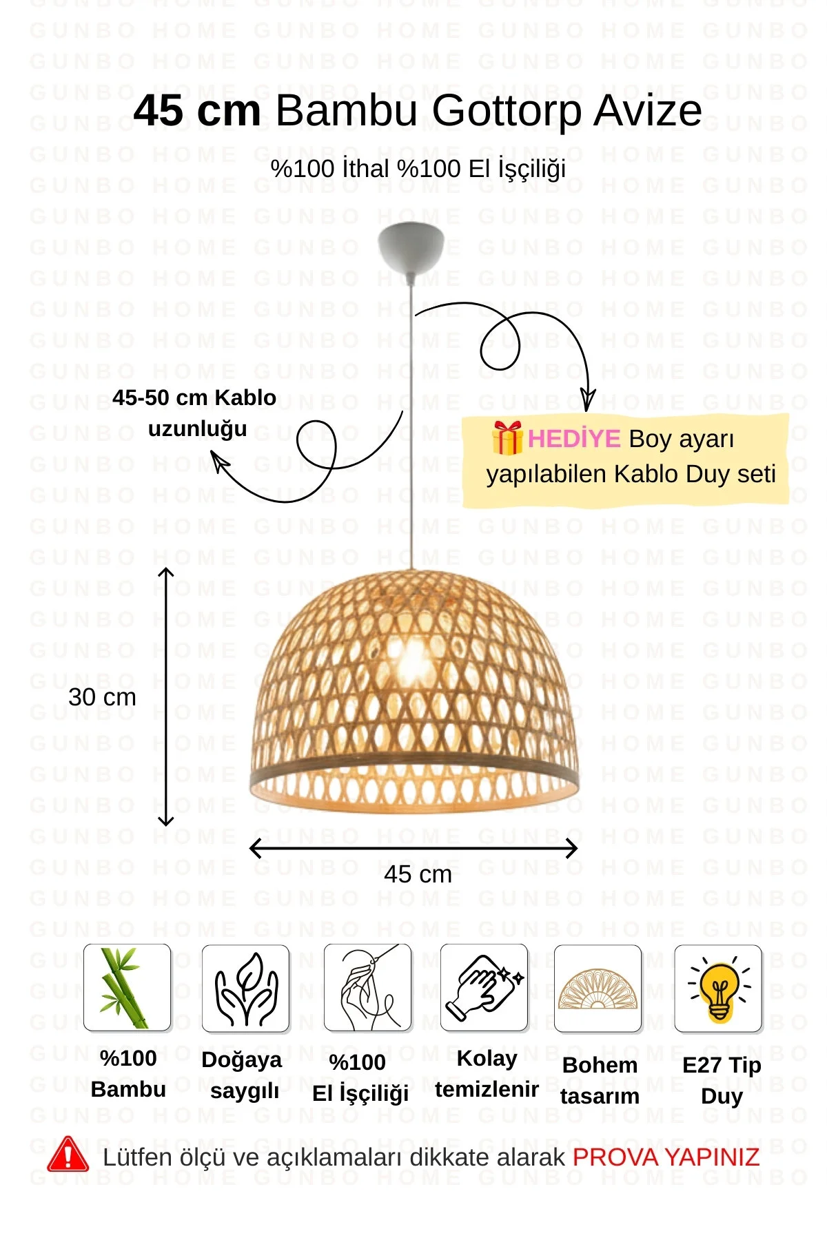 Gottorp Avize 45cm- Iskandinav, Modern, Bohem, Rattan Avize, Aydınlatma Bej
