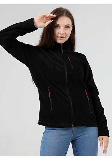 Genıus Store Store Kadın Polar Tam Fermuarlı Outdoor 3 Cepli Spor Polar Ceket Siyah