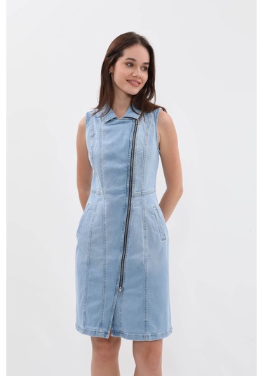 Kadın Açık Mavi Fermuarlı Jean Elbise Açık Mavi