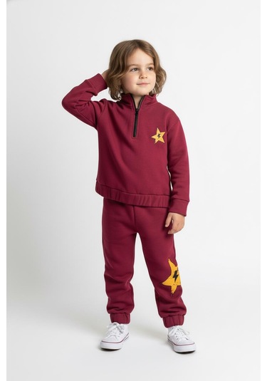 Fermuar Detaylı Şimşek Baskılı 2 Li Takım Bordo