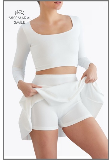 Beyaz Yüksek Bel Volanlı Şortlu Spor Etek Deniz Şortu Skirt With Shorts Beyaz