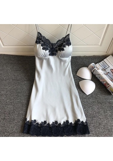 Saten Pijamalar Kadın Bayan Kıyafeti Gecelik Seksi İç Çamaşırı Göğüs Pedleri İle Gümüş