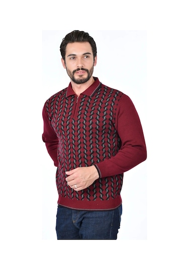 Kamalı Erkek Çelik Örgü Gömlek Yaka Fermuarlı Polo Yakalı Tüylenmez Triko Kışlık Baba Kazak Bordo