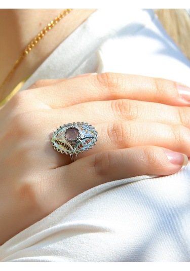 Doğal Taş Pembe Kuvars Doğal Taşlı Telkari Modelli Kadın Ayarlanabilir Gümüş Kaplama Yüzük Euy65pkr Pembe