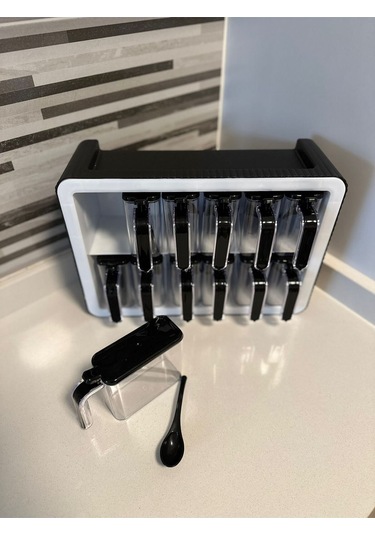 12'li Baharatlık Takımı Standlı Kendinden Yapışkanlı Kaşıklı Ve Kapaklı Baharatlık Seti Antrasit