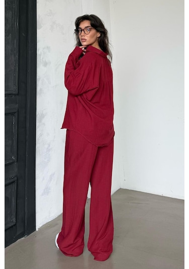 Madmext Kırmızı Keten Kadın Gömlek Pantolon İkili Takım Mg2356 Kırmızı