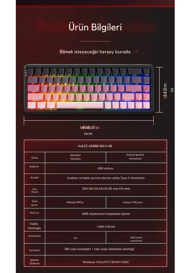 Ak680 Max Rapid Trigger Manyetik Switch Kablolu Mekanik Klavye Rgb 0.125 Ms Ultra Düşük Gecikme