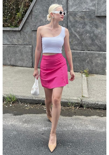 Madmext Pembe Yüksek Bel Önden Yırtmaçlı Kısa Etek Mg2086 Pembe