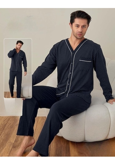 Lindros Erkek Gömlek Yaka İnterlok Uzun Kol Pijama Takımı 00146 - 1 Adet 001