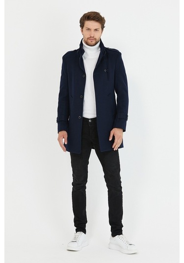 Erkek Lacivert Dar Kesim Dik Yaka Uzun Kaşe Kaban-Lacivert