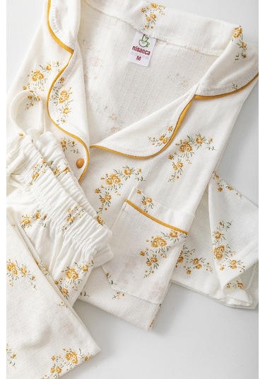 Uzun Kol Gömlek Yaka Kadın Pinterest Pijama Takımı - Mevsimlik Kadın Pijama- Geniş Beden Aralığı Hardal