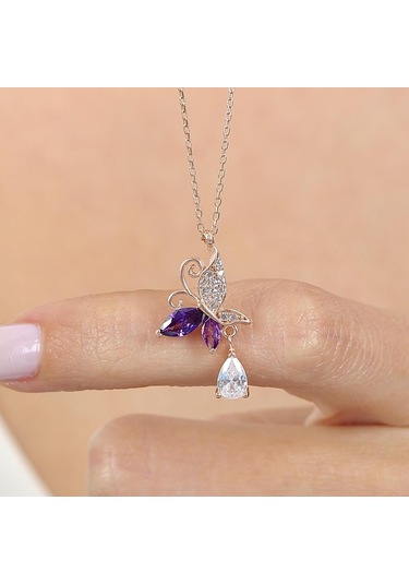 Mia vento Ametist Taşlı Kelebek Parıltısı Rose Renk Gümüş Kolye