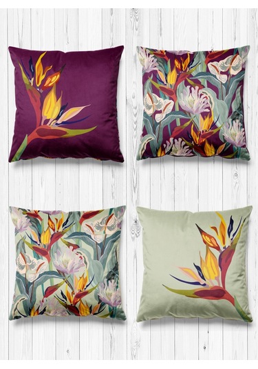 Çift Tarafı Farklı Desenli Süet 4'lü Kırlent Kılıfı-Starliçe Bej Mor