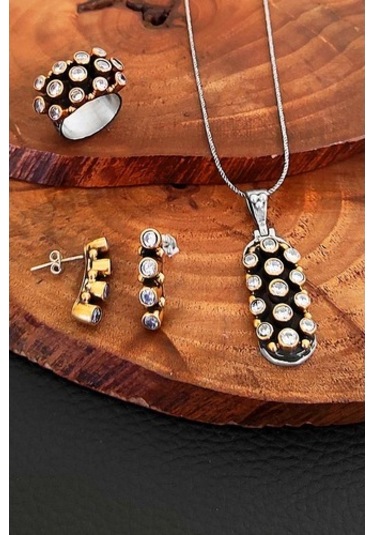 Zirkon Taşlı Otantik Gümüş Kadın Takım Yüzük Küpe Kolye Ucu Set-