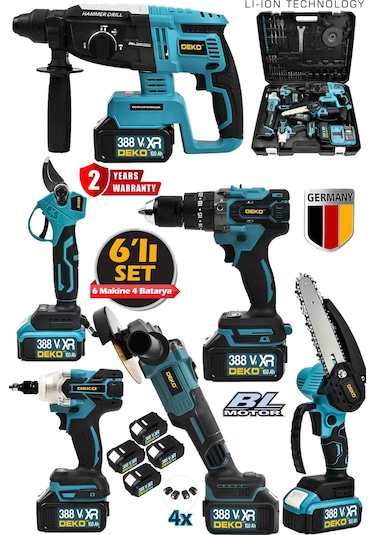 Deko Turkey DK6SET 4 Akülü 6'lı Muhteşem Kırıcı Delici + Darbeli Matkap + Taşlama + Somun Sıkma Budama Set