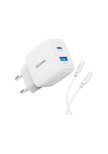 Ricomm 25W GaN USB-C + USB-A PPS PD Hızlı Şarj Cihazı + 2 Metre Type-C 60W Şarj Kablosu