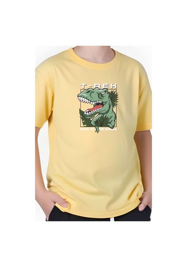 T-rex Baskılı Erkek Çocuk Kısa Kollu Tişört Sarı