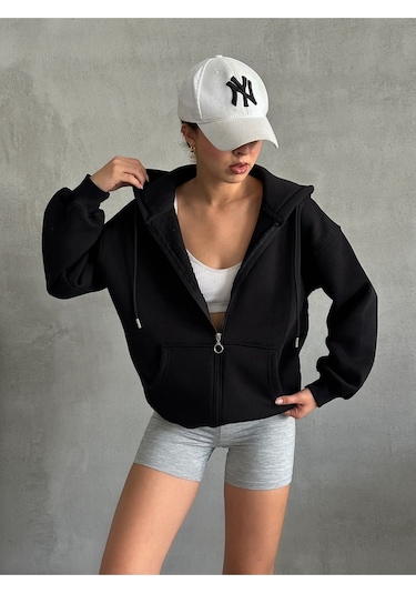 Kadın Fermuarlı Oversize Sweat Hırka Siyah