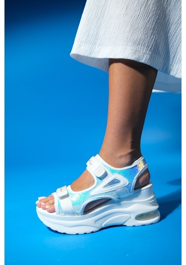 Arthur Beyaz Payetli Bantlı Kalın Taban Kadın Spor Sandalet Beyaz