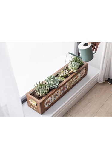 Halohope El Yapımı 6 Meksika Çinili Dekoratif Modern Ahşap Dikdörtgen Kaliteli Bahçe Balkon Saksı Saksılık