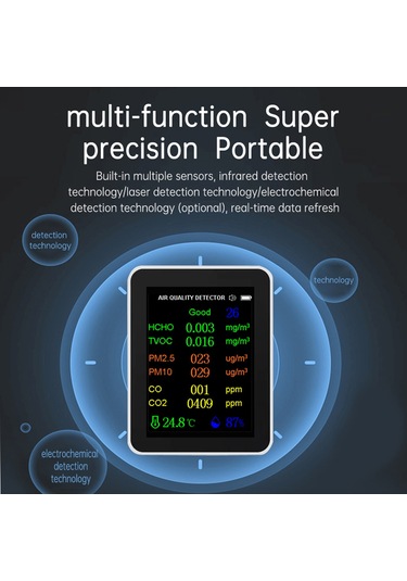 Taşınabilir Hava Kalitesi Ölçer 9in1 Pm2.5 Pm10 Co Siyah