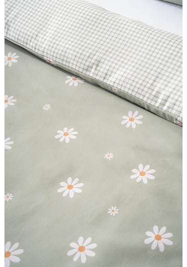 Rivaİstanbul Minimal Yeşil Papatya Çift Kişilik Nevresim Takımı Pamuklu Yeşil