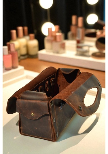 Deri Makyaj Ve Takı Çantası Koyu Kahverengi