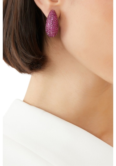 Pave Dome Earrings, Kristalli Kup Tarzı Küpe Pembe