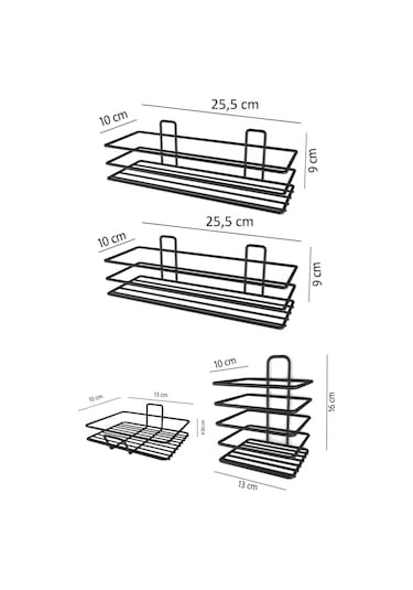Eva Metal Tasarim Yapışkanlı Banyo Seti Duş Rafı + Sabunluk + Diş Fırçalık Metal Set Siyah