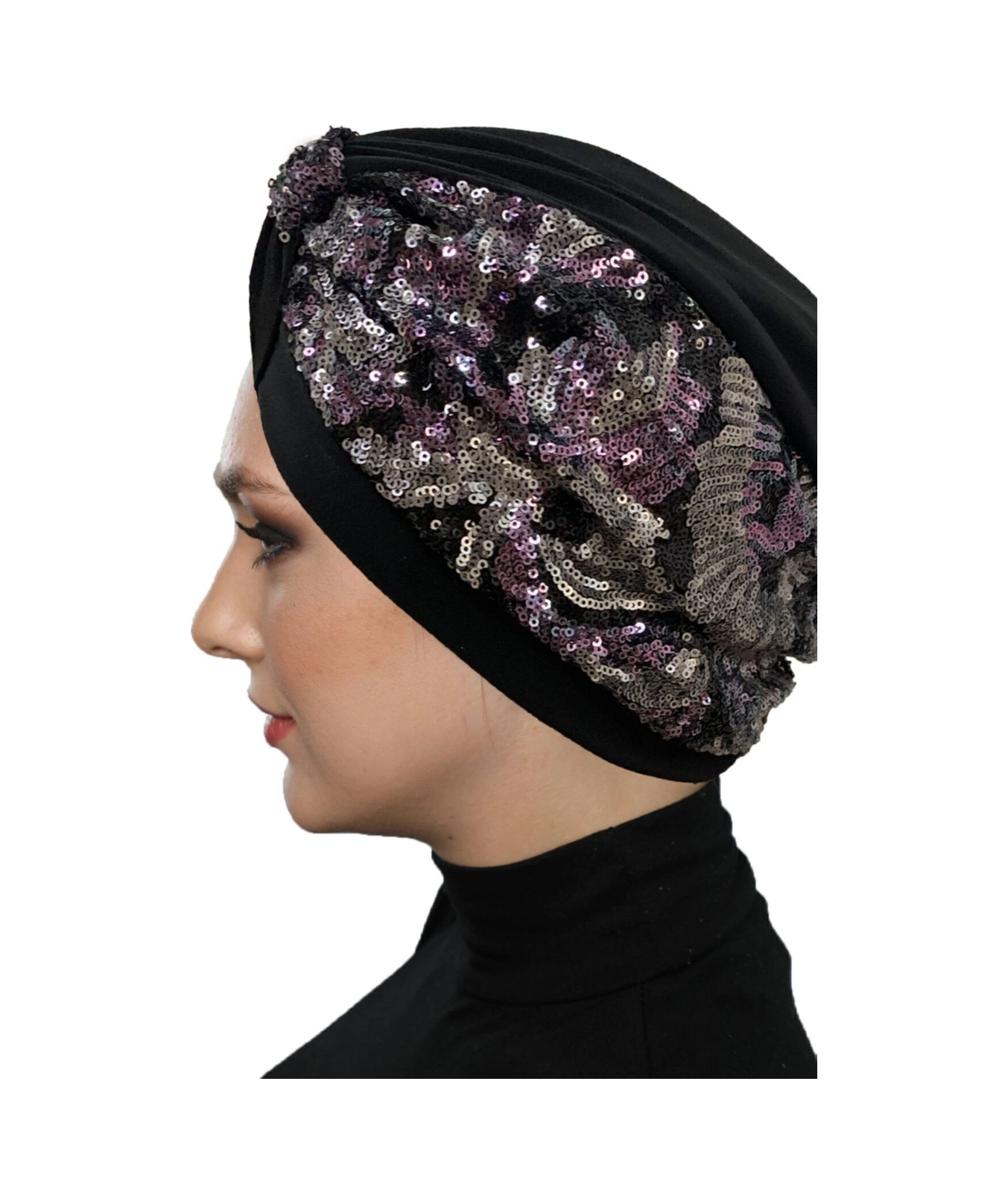 Özel Tasarım Siyah Üzeri Gümüş-mor Payetli Etnik Desenli Astarlı Hazır Türban Tesettür Abiye Bone Siyah12
