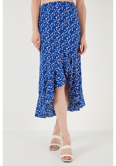 Lela Çiçek Desenli Regular Fit Volanlı Yüksek Bel Midi Boy Yırtmaçlı Bayan Etek 5869012 Saks