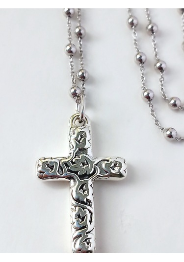 Top Zincirli Bombe İşlemeli Haç Tasarım Gümüş Erkek Kolye