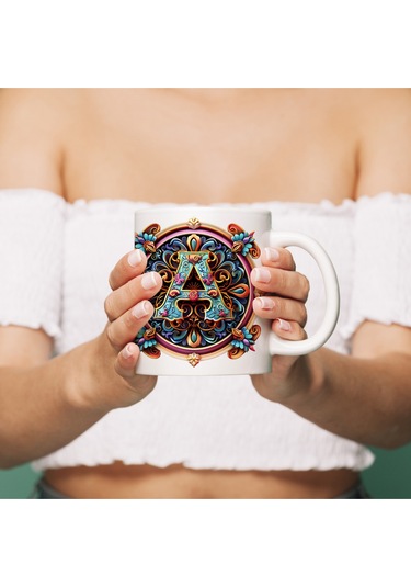 A Harfi Boho Bardak, Renkli Özel Tasarım Hediyelik Harfli Kupa, 330ml Porselen Beyaz