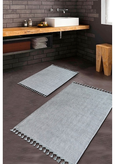 Saraz Halı Puffy Banyo Paspas 2 Li Saçaklı Yıkanabilir Grigri Gri